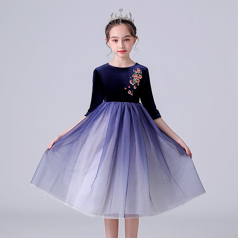 Kid Girls Princess Medium Long Sleeve Mesh Velvet Dresses