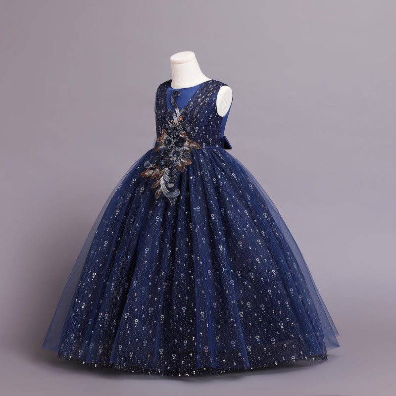 Kid Girl Princess Floral Sequined Long Wedding Lace Dresses