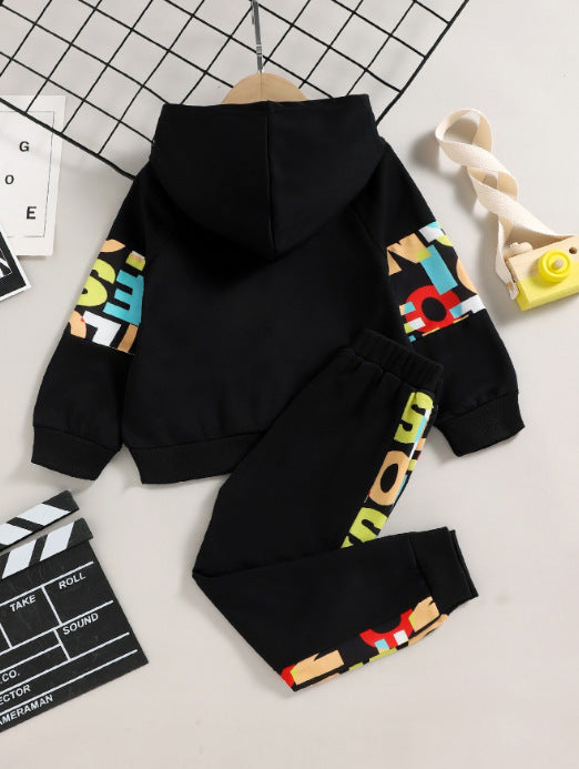 Kid Boys Autumn Winter Sports Letter Splicing Hooded 2 Pcs Sets
