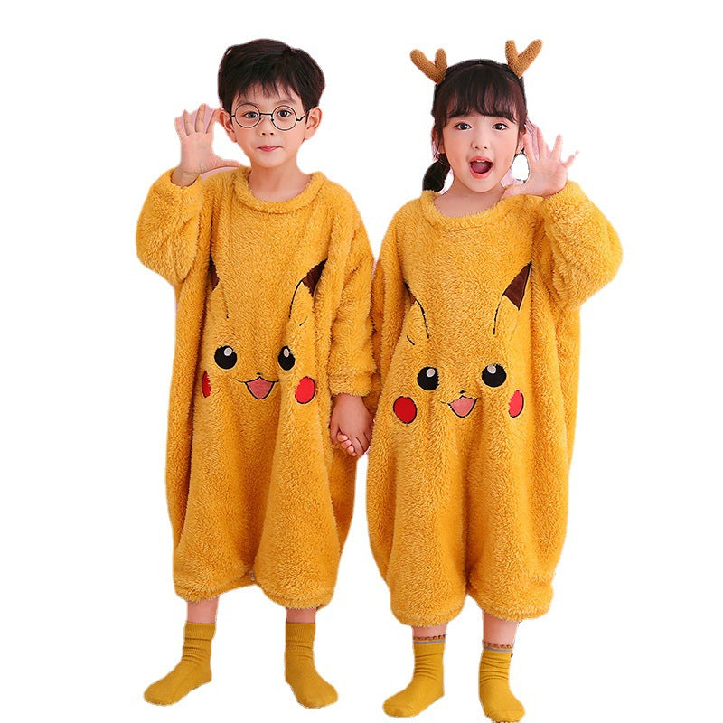 Autumn Winter Plush Kids Baby Boy Girl One-piece Cute Cartoon Coral Pajamas
