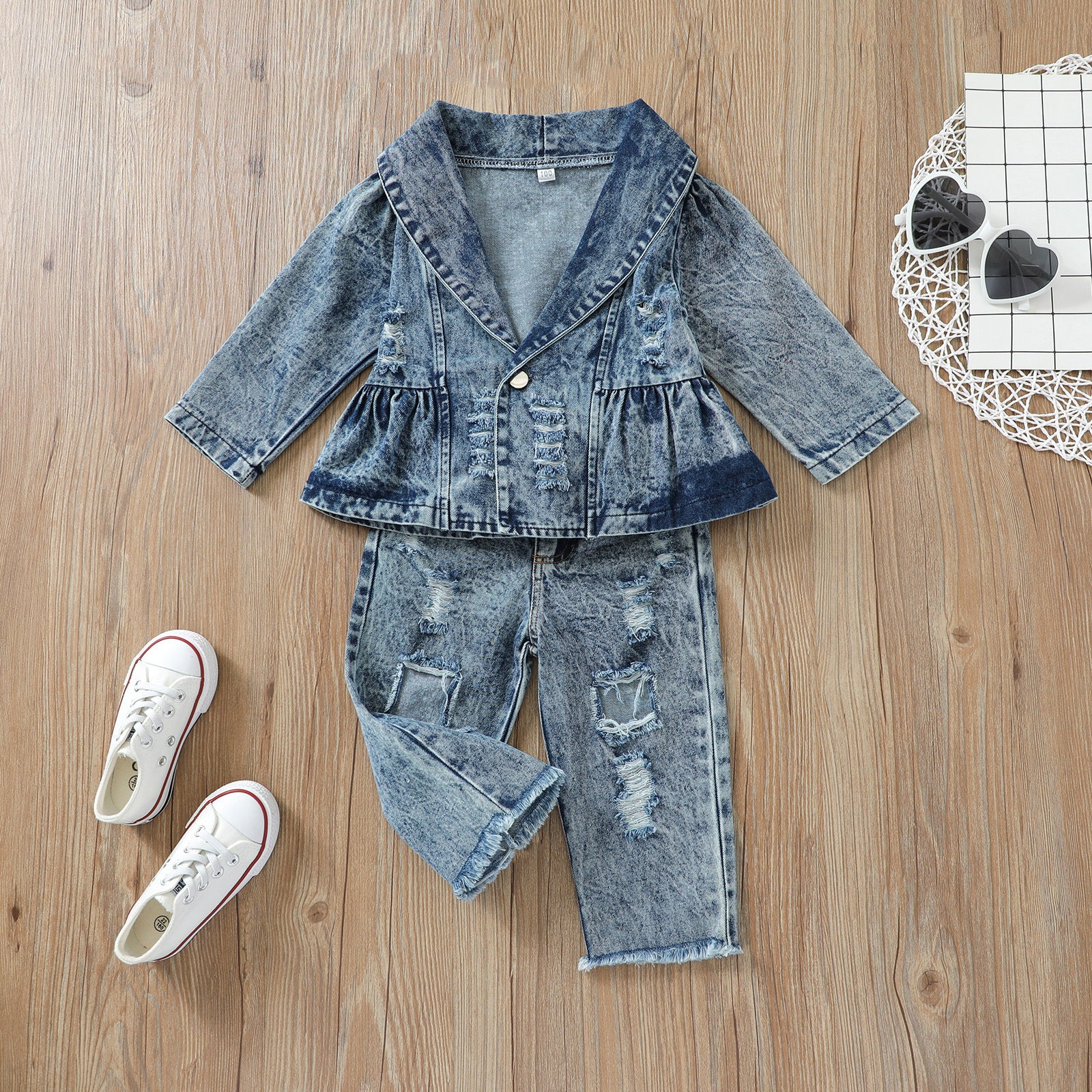 Kid Baby Girl Suit Single Breasted Solid Denim Blue 2 Pcs Sets