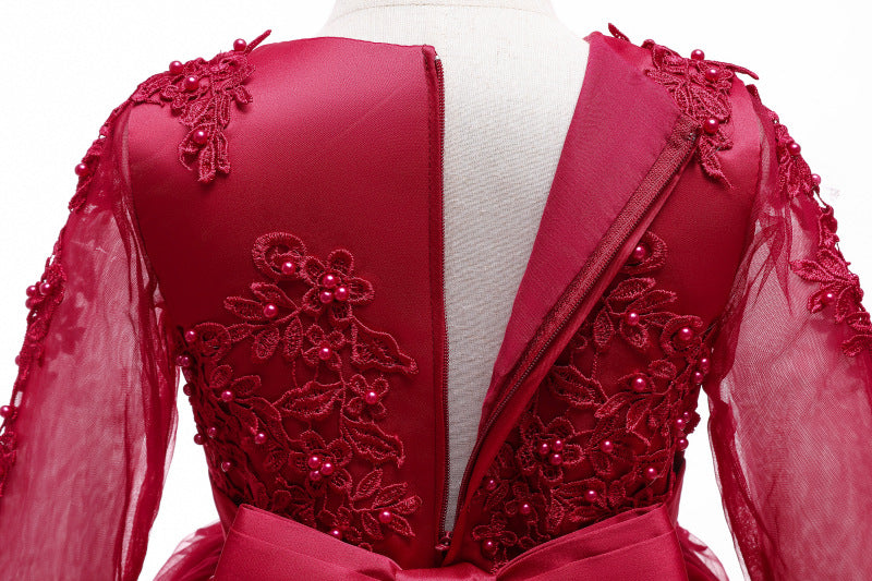 Kid Girl Wedding Pompous Gauze Princess Long Sleeve Sequin Mesh Dresses