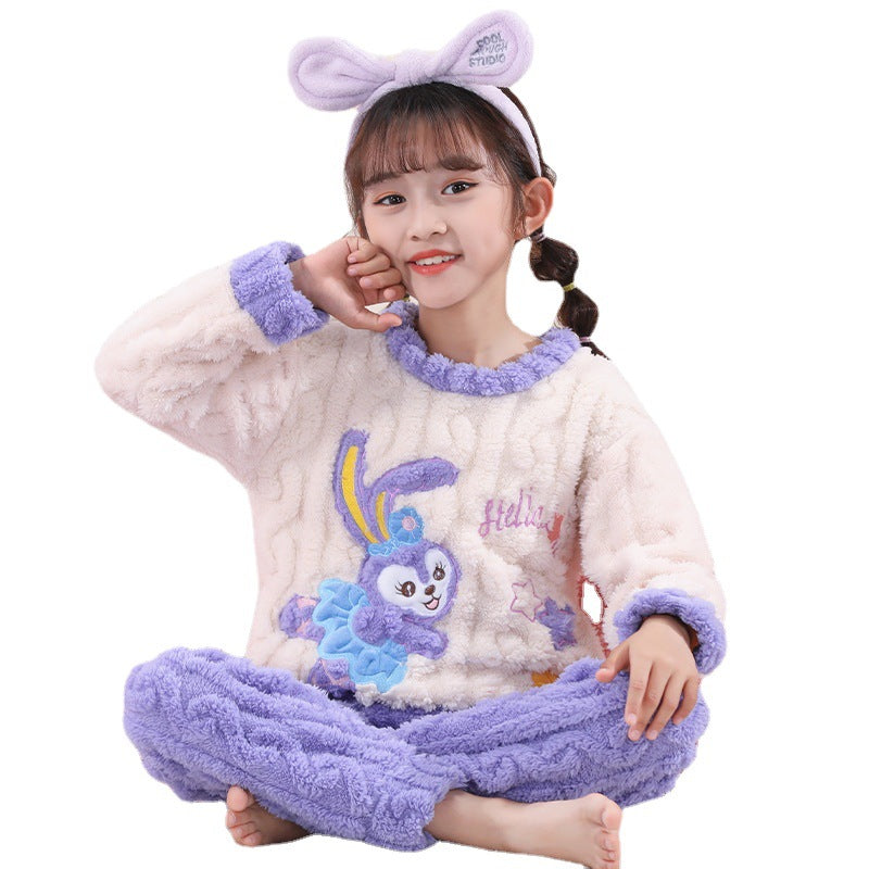 Kid Boy Girl Autumn Winter Jacquard Velvet Cute Cartoon Pajamas