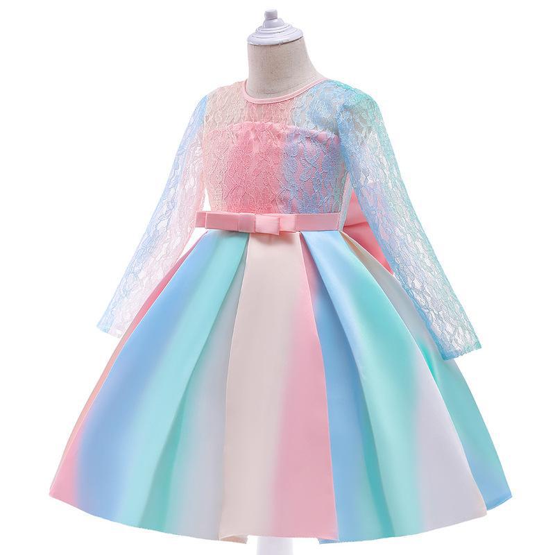 Kid Girl Christmas Gradual Long Sleeve Bow Lace Dress