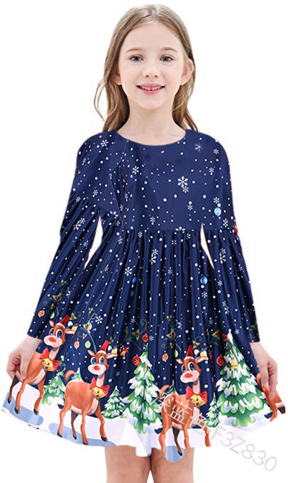 Kid Girl Long Sleeve Round Neck Christmas Print Cute Dress