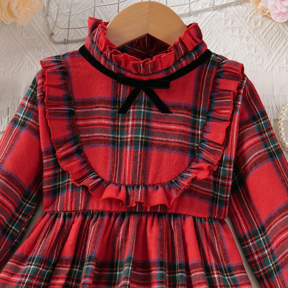 Kids Girl Red Plaid Christmas Bowknot Princess Patchwork Dress