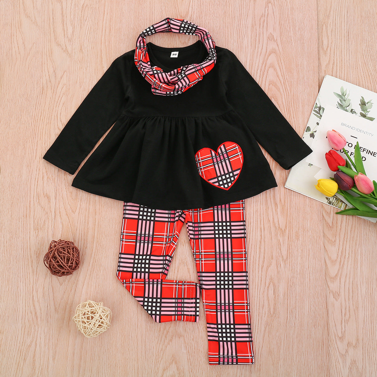 Baby Toddler Girl Valentine Love Long-sleeve Plaid Suit 2 Pcs Sets