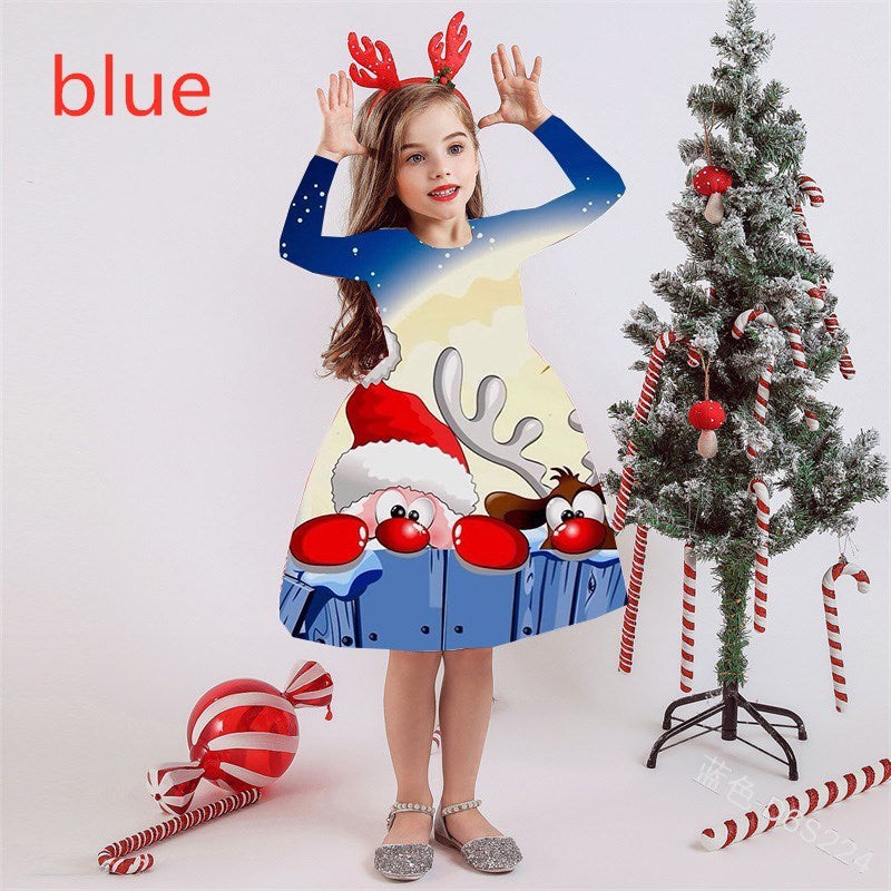 Kid Baby Girl Long Sleeve Round Neck Christmas Print Dress