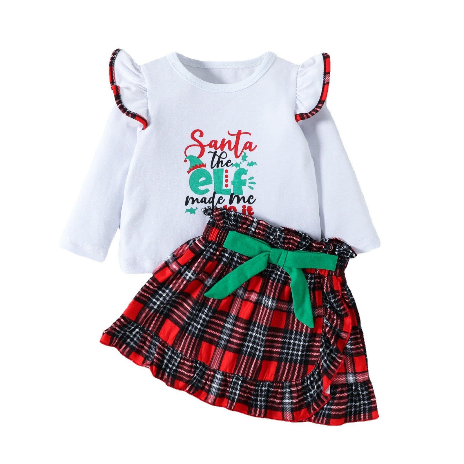 Kid Baby Girl Christmas Long Sleeve Letter Plaid 2 Pcs Sets