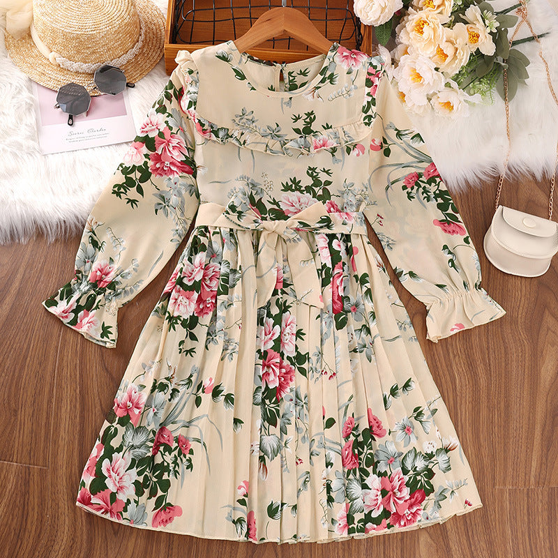 Kid Girl  Korean Long Sleeves Retro Autumn Flower Dresses