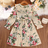 Kid Girl  Korean Long Sleeves Retro Autumn Flower Dresses