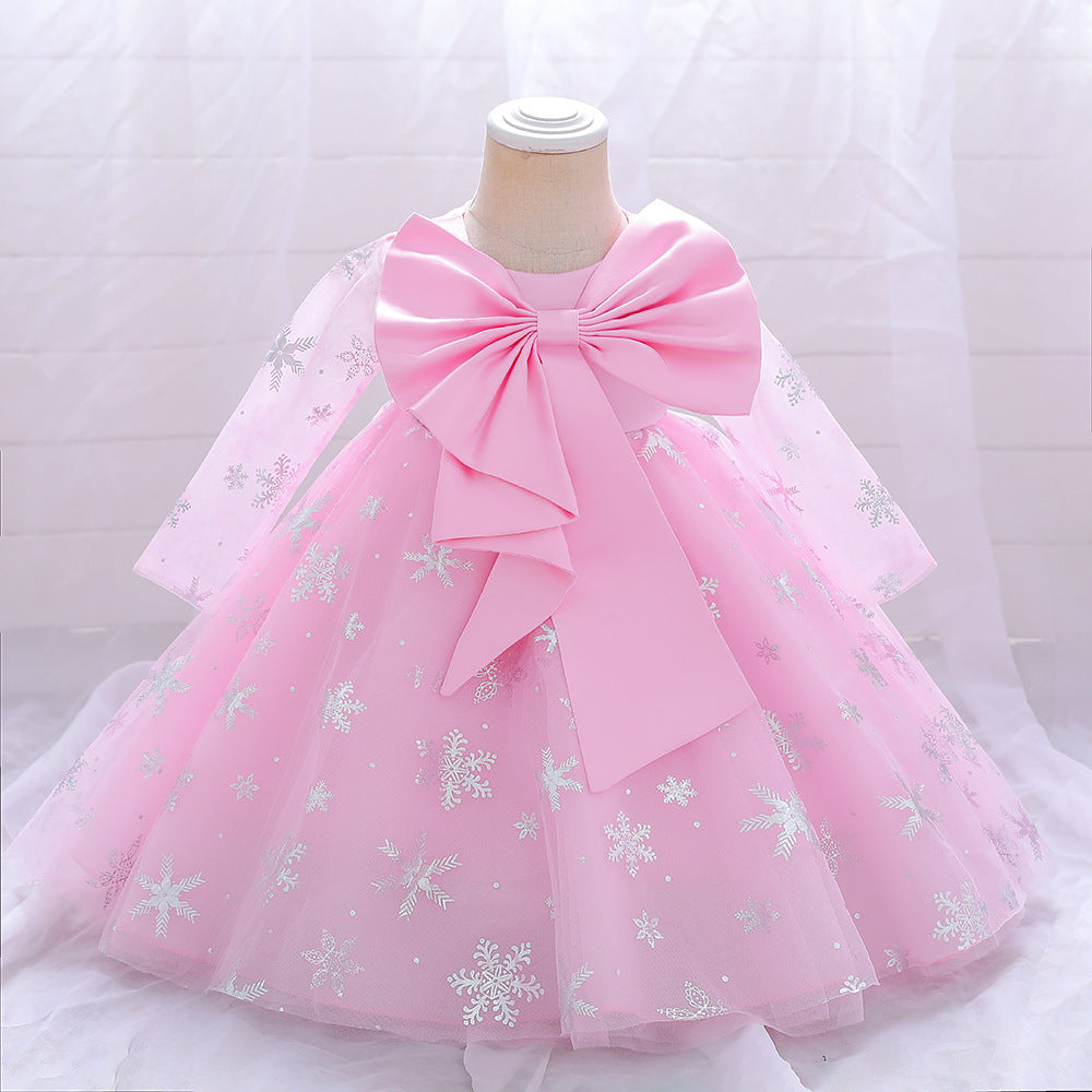 Kid Baby Girl Christmas Snowflake Princess Bow Puffy Dress