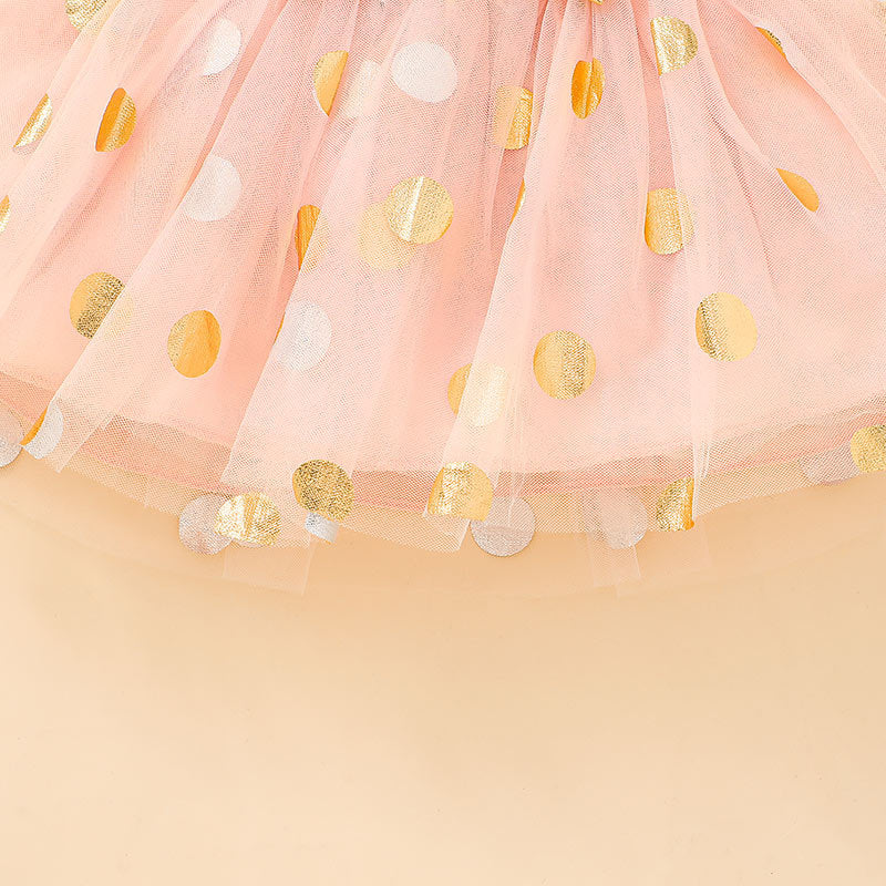 Baby Little Girl Letter Short Sleeved One-piece Suit Polka Dot Mesh Gauze 2 Pcs Sets