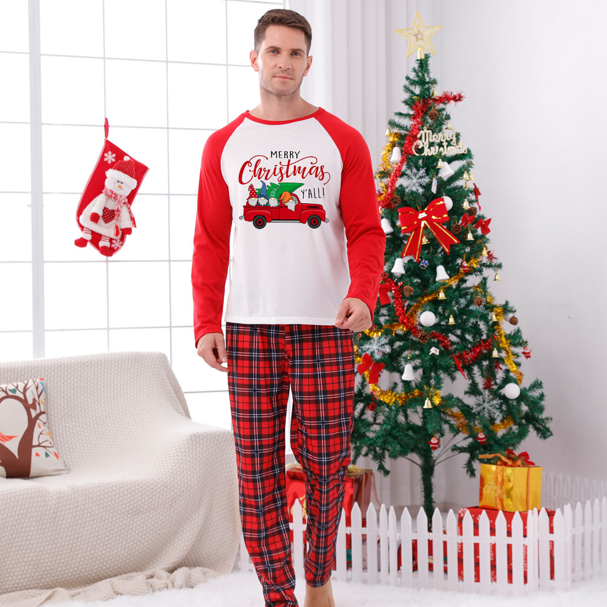 Family Matching Home Suit Christmas Plaid Patchwork Print Pajamas