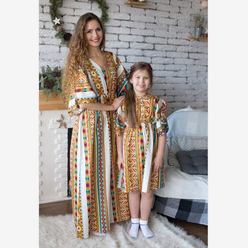 Family Matching Geometric Print V-neck Short Sleeve Long Dress
