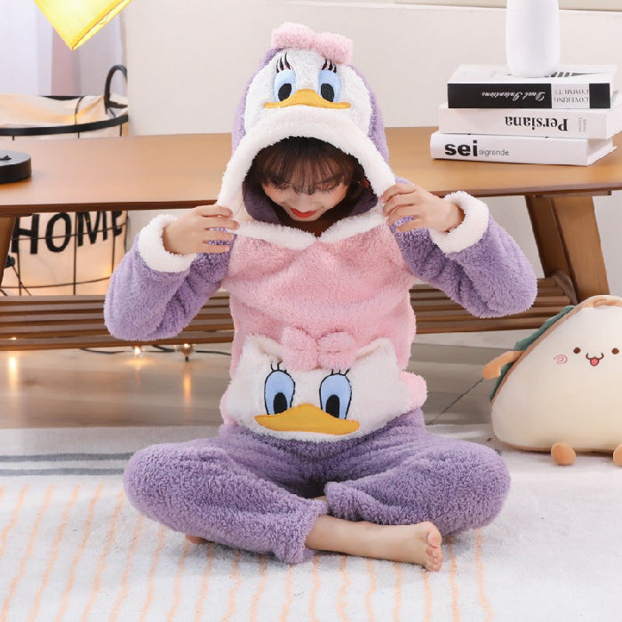 Kid Baby Boy Girl Plush Pajamas Cartoon Hooded Thickened Coral Pajamas