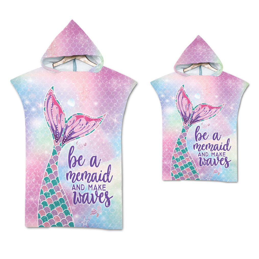 Mermaid Hooded Microfiber Fabric Beach Towel Bathrobe Pajamas for Adult Kid