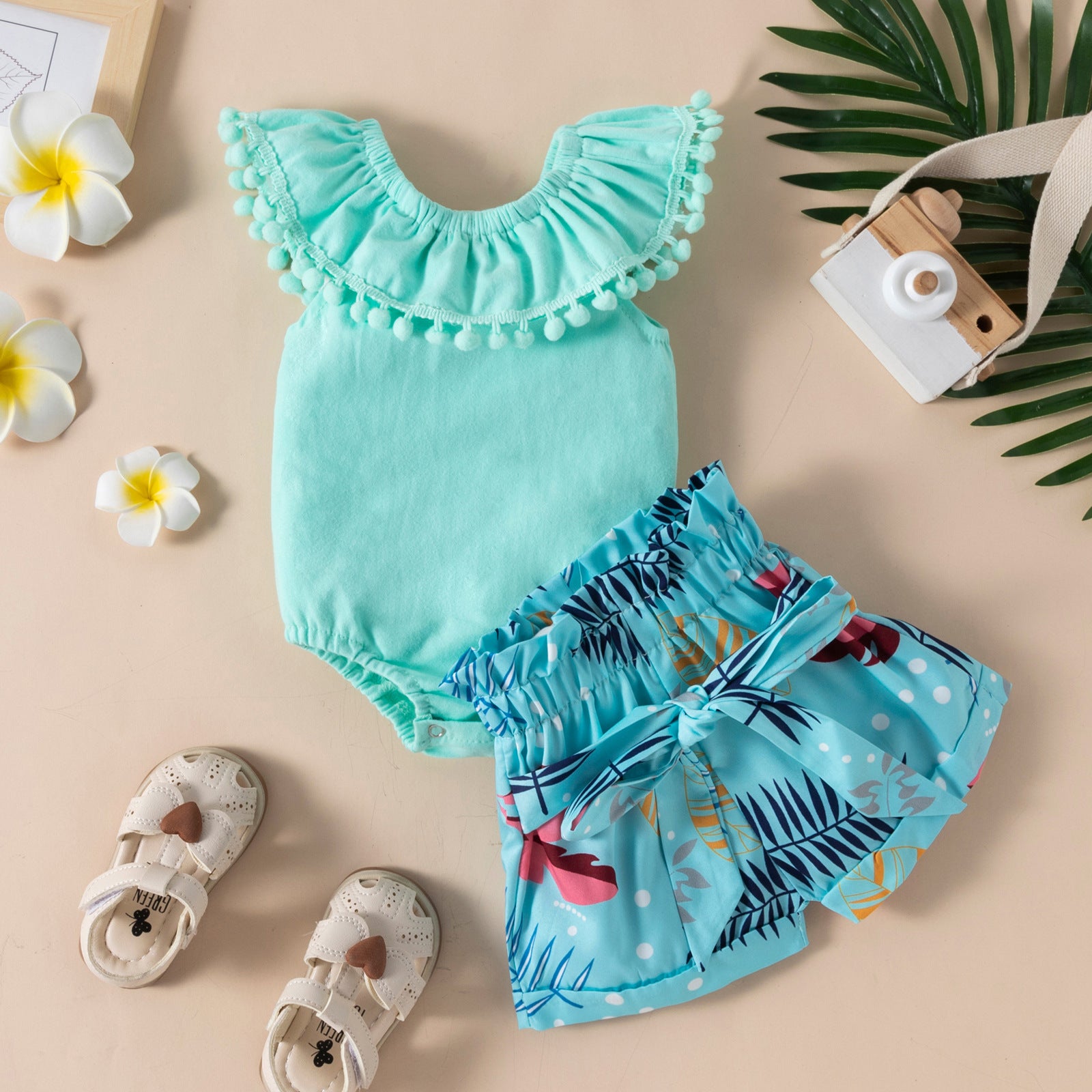 Baby Girls Summer Sleeveless Leaf Printed Shorts 2 Pcs Sets