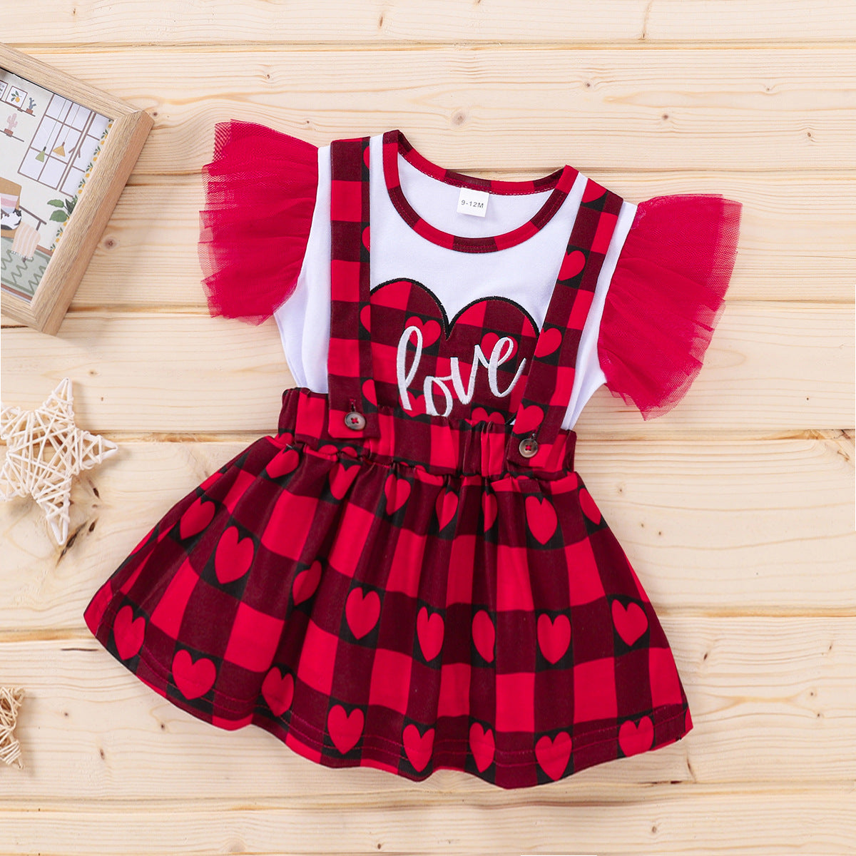 Baby Kid Girls Valentine's Day Check Suit Red Heart Short Sleeve 2 Pcs Sets