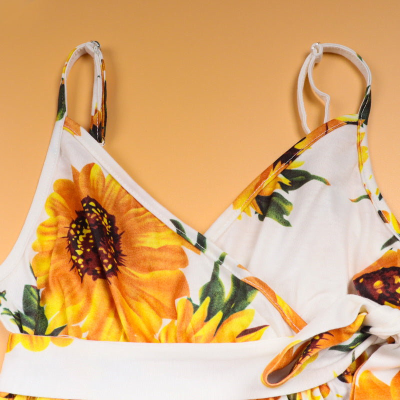 Family Matching Mother-daughter Vacation V-collar Flower Dresses