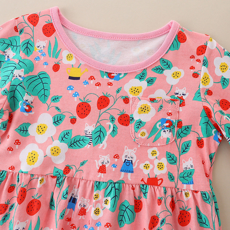 Kid Girls Knitted Cotton Cartoon Round Neck Casual Flower Dress