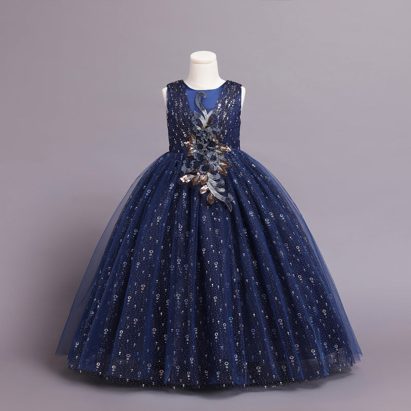 Kid Girl Princess Floral Sequined Long Wedding Lace Dresses