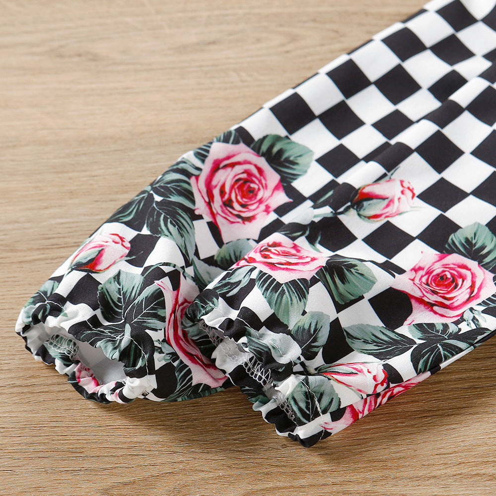 Toddler Kid Baby Girl Checkered Floral Print Princess Spring Autumn Dress