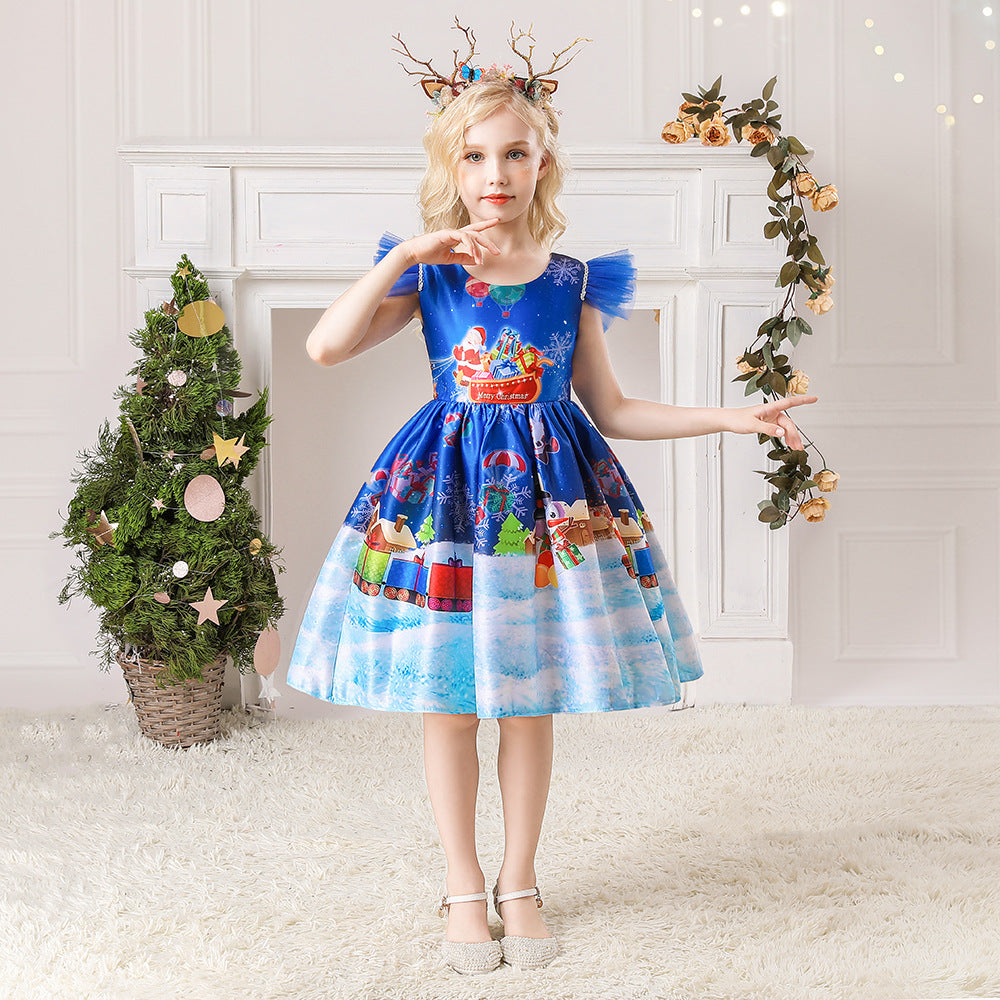 Christmas Kids Girl Cartoon Print Satin Dress