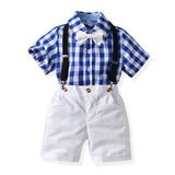 Kid Baby Boys Suit Summer Plaid Suspenders Shorts Gentlemen 4 Pcs Set