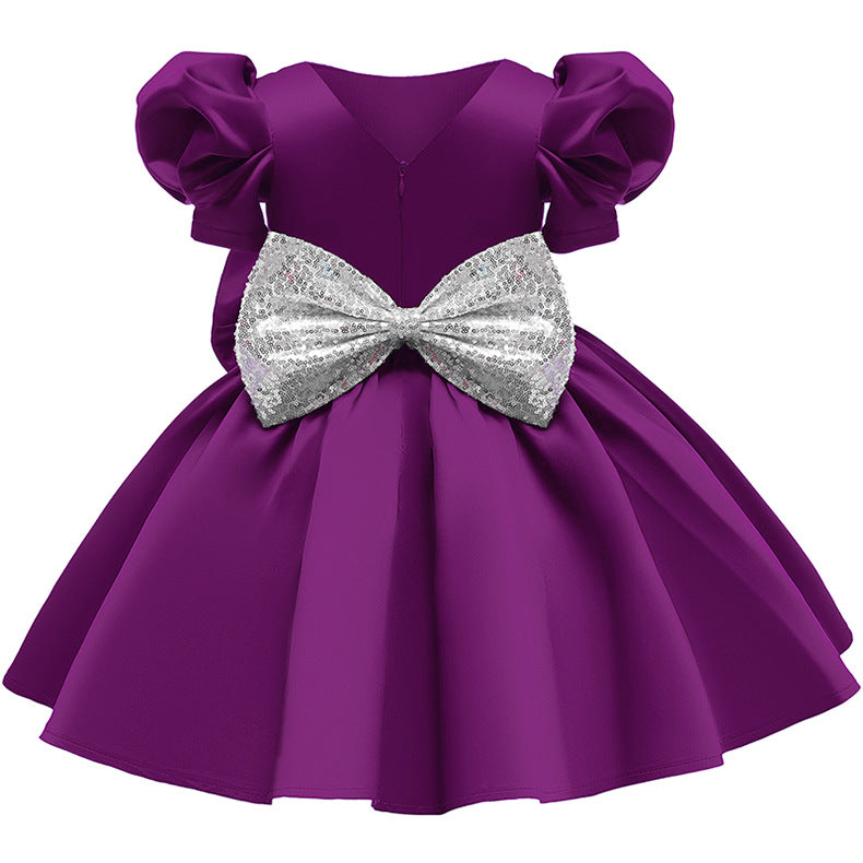 Kid Girl Princess Double Shoulder Bubble Sleeve Layer Bow Dresses