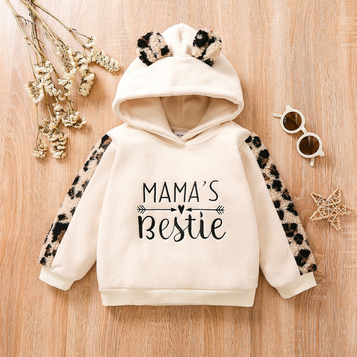 Kid Baby Girl Pullover Letter Embroidered Leopard Stitched Hoodie