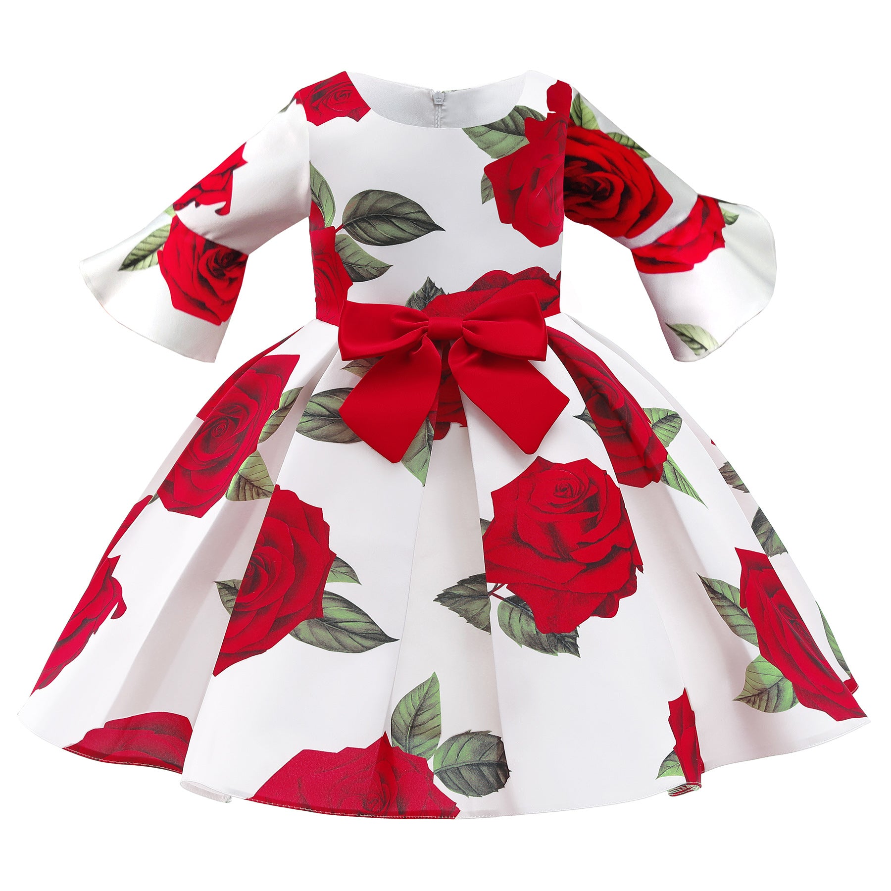 Kid Girl Foreign Trade Middle Sleeve Flower Christmas Dress