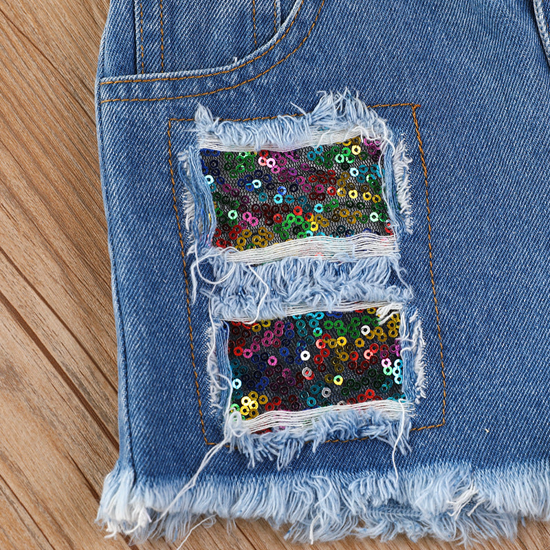 Kid Baby Girls Printed One-shoulder Jean Shorts 2 Pcs Sets