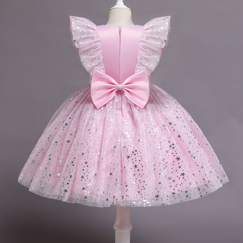 Kid Baby Girls Flying Sleeve Princess Star Mesh Pompous Dresses