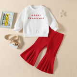 Kid Baby Girl Christmas Long Sleeve Letter Stripe Flare 2 Pcs Suits Sets