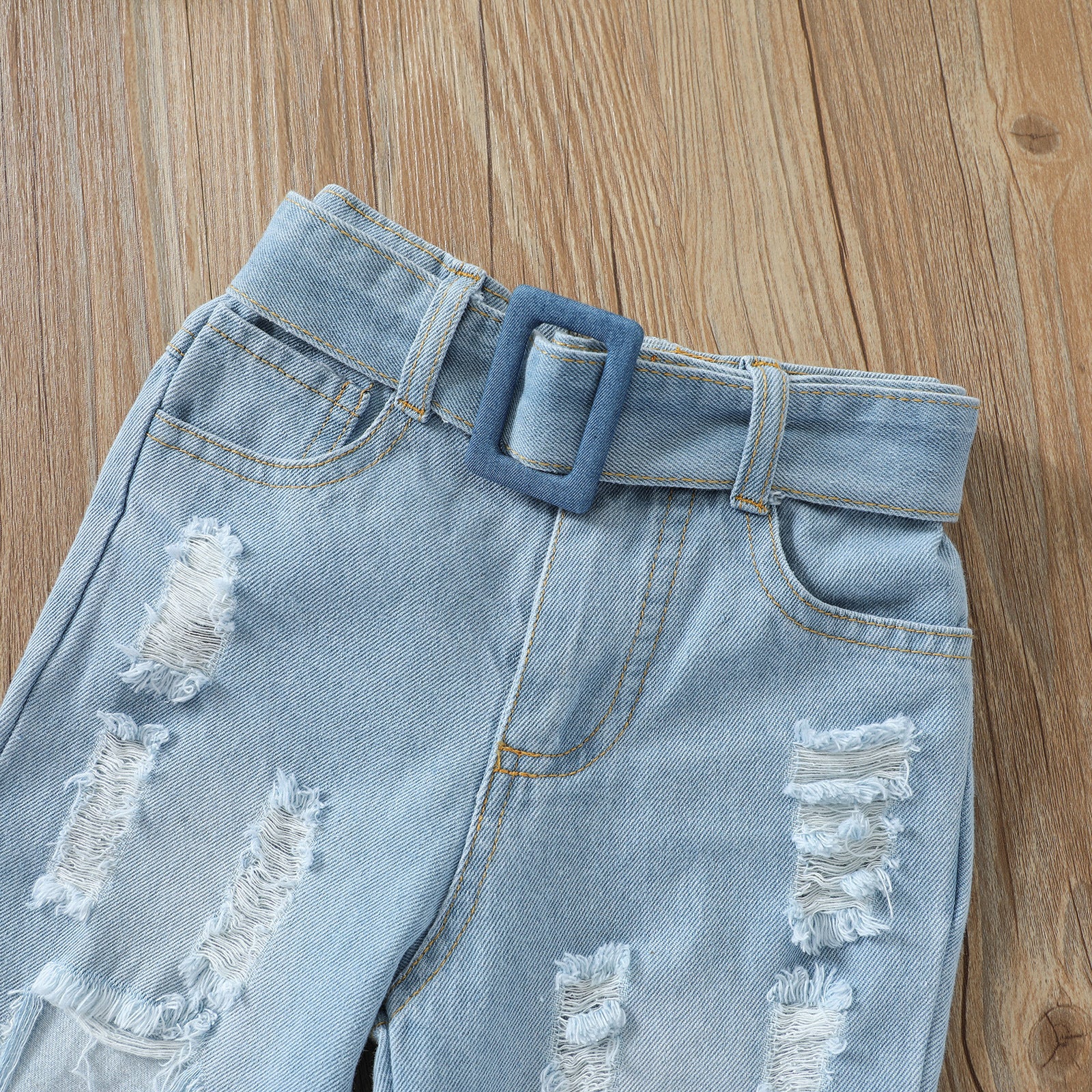 Kid Baby Girl Suit Single Breasted Solid Denim Blue 2 Pcs Sets