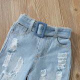 Kid Baby Girl Suit Single Breasted Solid Denim Blue 2 Pcs Sets