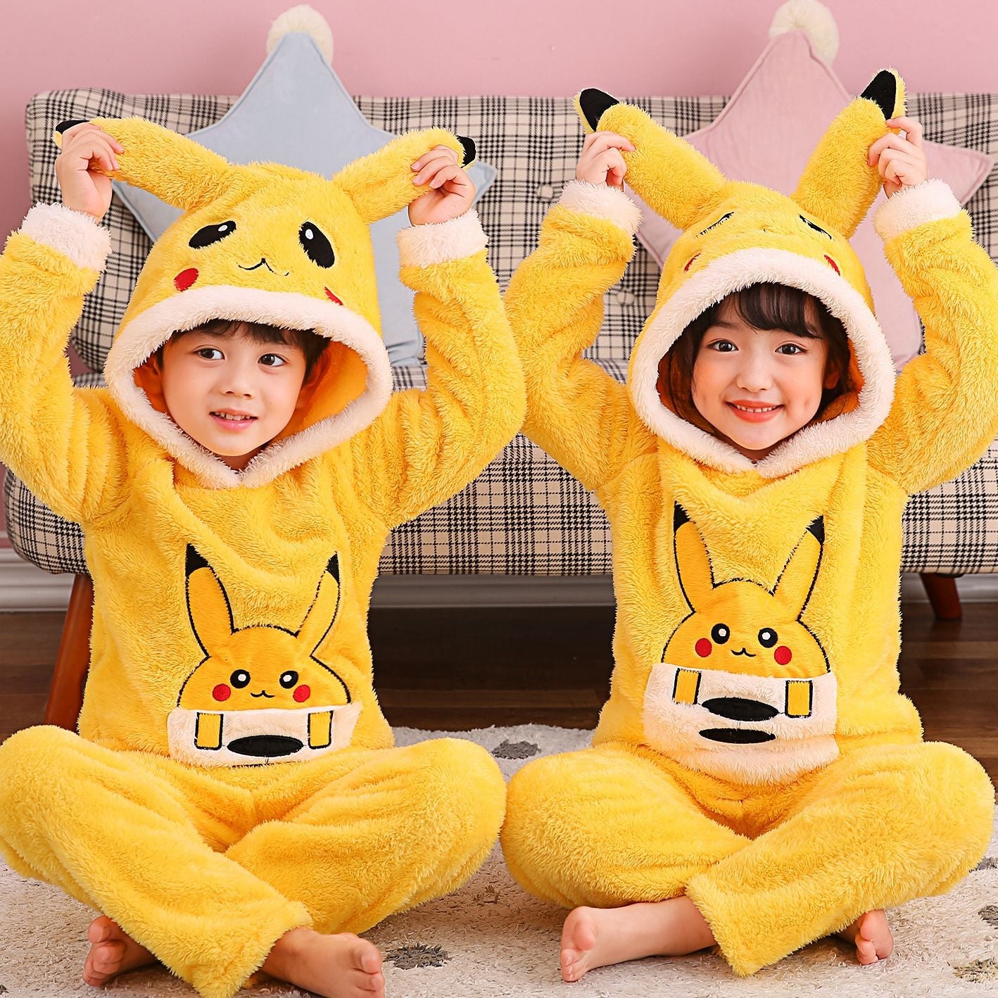 Kid Baby Boy Girl Plush Pajamas Cartoon Hooded Thickened Coral Pajamas