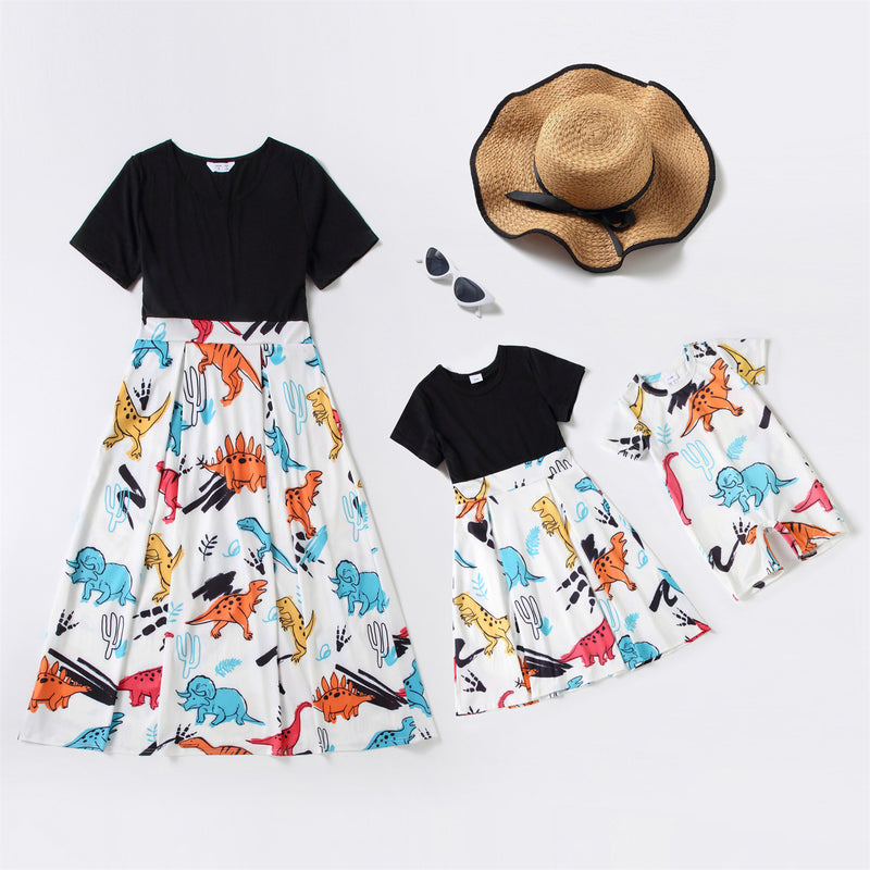 Family Matching New Parent-child Round Collar Short Sleeves Dinosaur Dresses