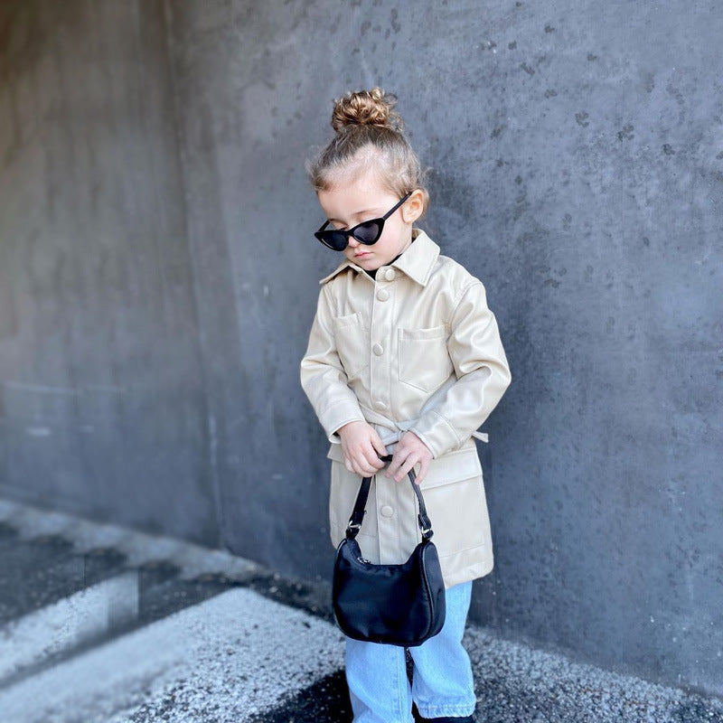 Kid Baby Girl Long Sleeve  INS Windbreaker Wind Leather Coat