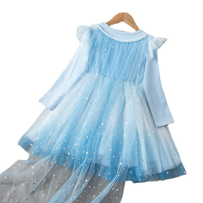 3-10T Kid Girl Lace Sequined Princess Pretty Mesh Blue Dresses