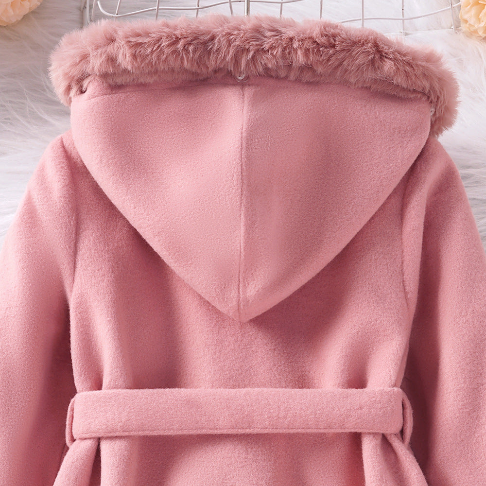 Kids Baby Girls Autumn Winter Thick Solid Fur Hooded Coats