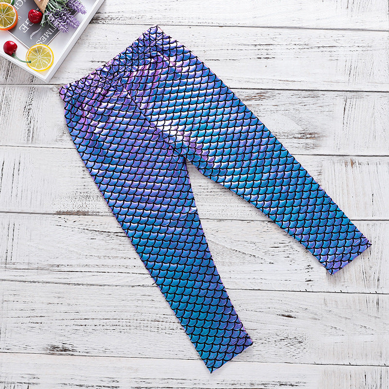Kid Baby Girl Pants Blue Magic Color Fish Scale Gradual Leggings