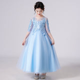 Kid Girl Banquet Long Sleeve Fluffy Yarn White Wedding Princess Dresses