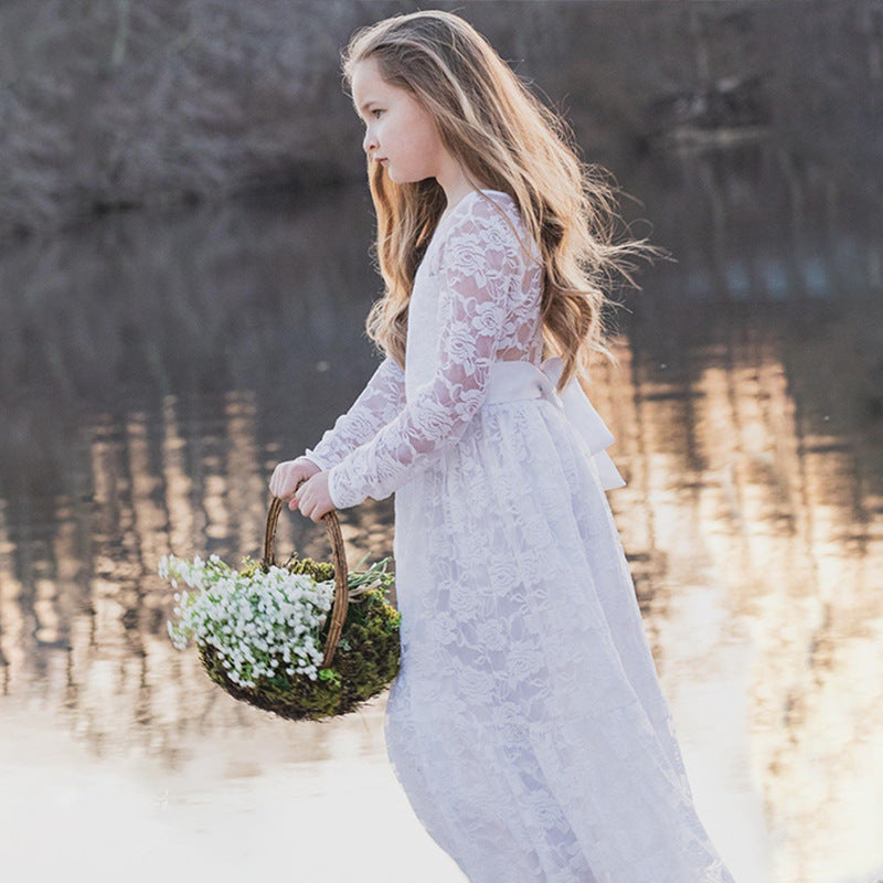 Kid Girl Long Lace Rose Embroidered Flower Mesh Yarn Dresses