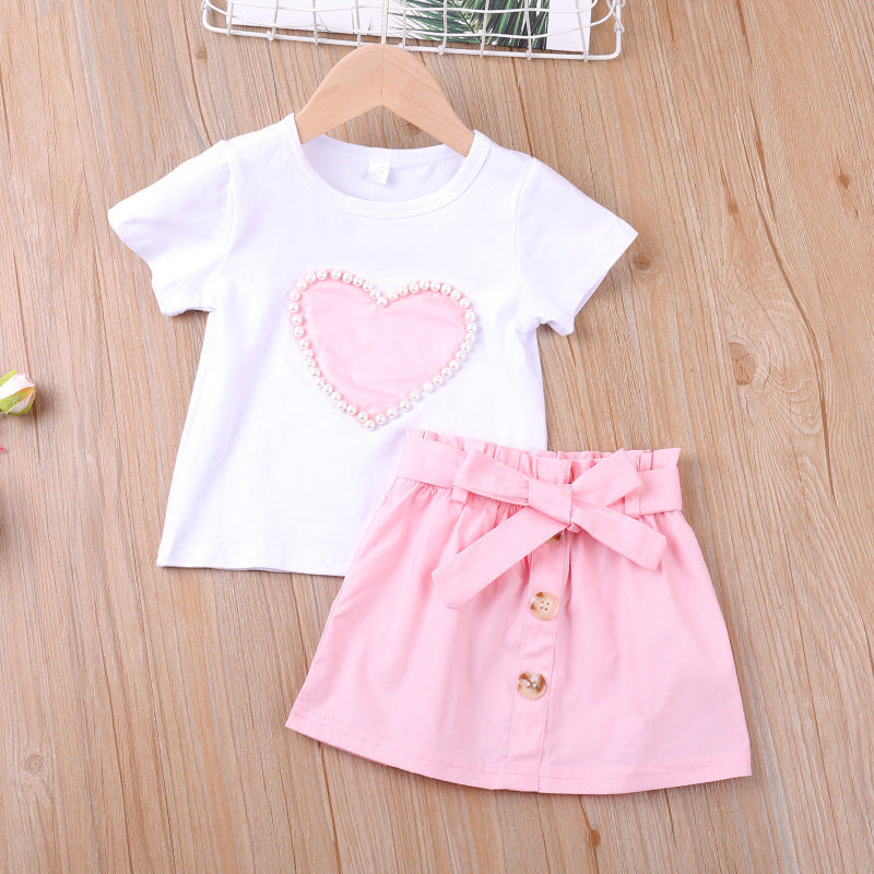 Baby Girl Love Pearl Short Sleeve  Summer New 2 Pcs Set