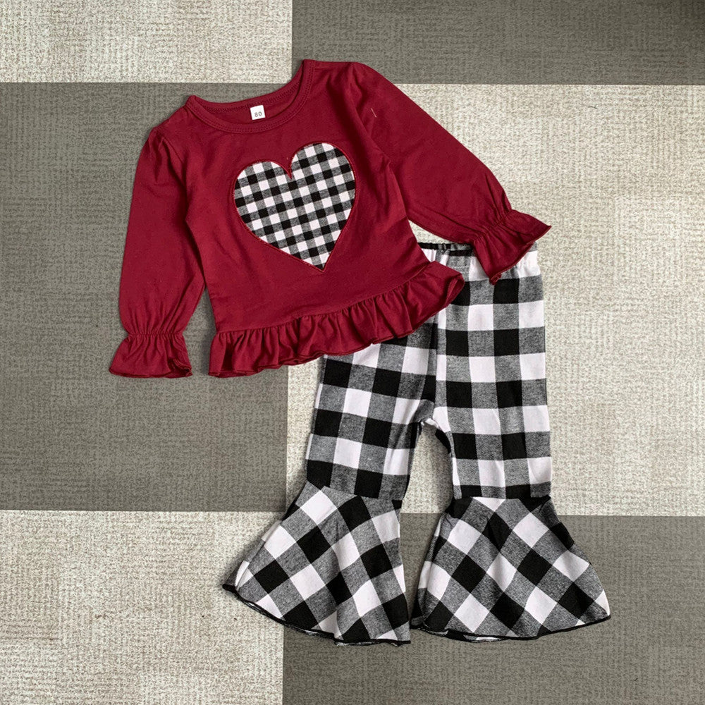 Baby Kid Girl Suit Valentine's Day Plaid Heart Top Bell Bottoms 2 Pcs Sets