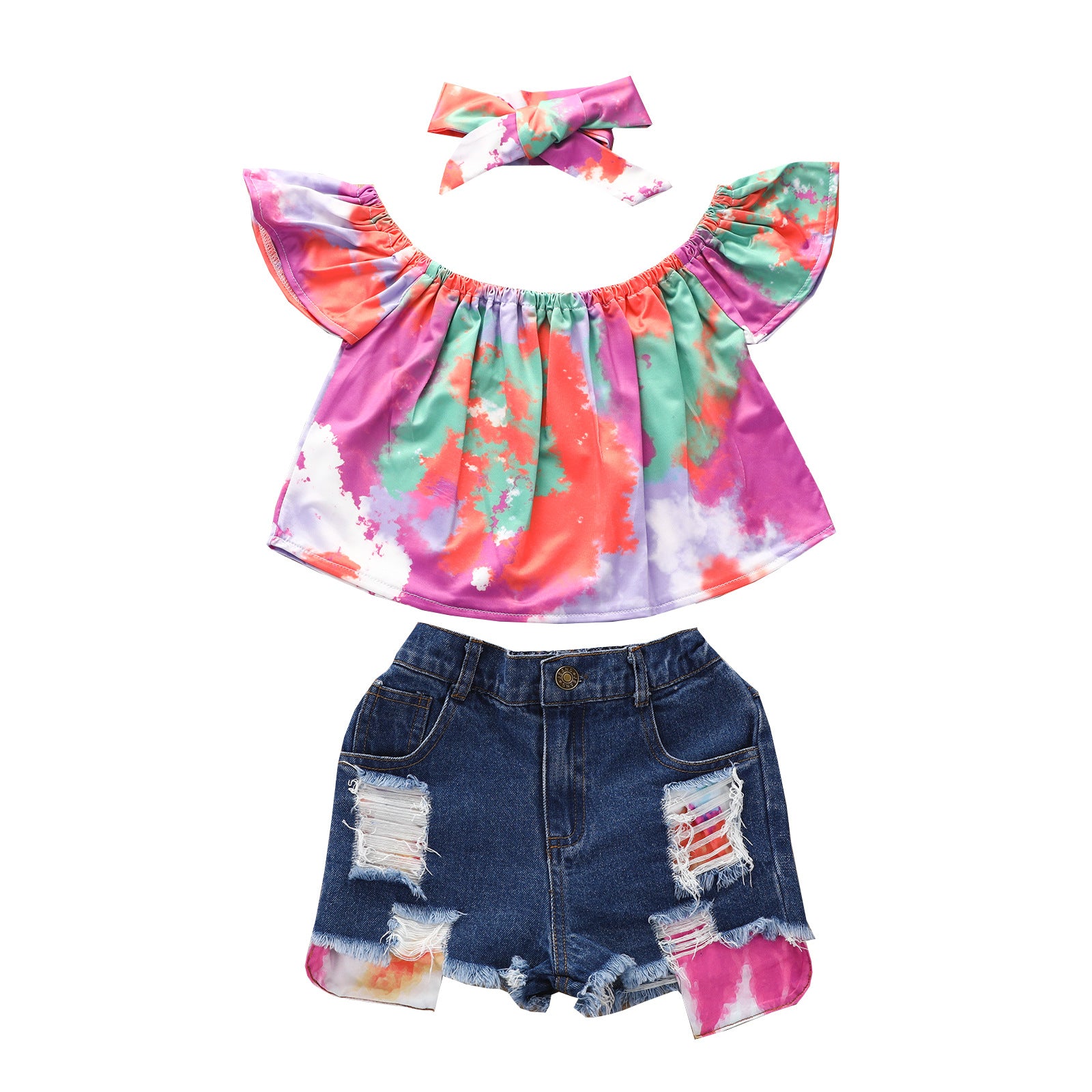 Summer Kid Baby Girls Suit Tie-dyed Ripped Denim Shorts 3pcs