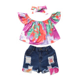 Summer Kid Baby Girls Suit Tie-dyed Ripped Denim Shorts 3pcs