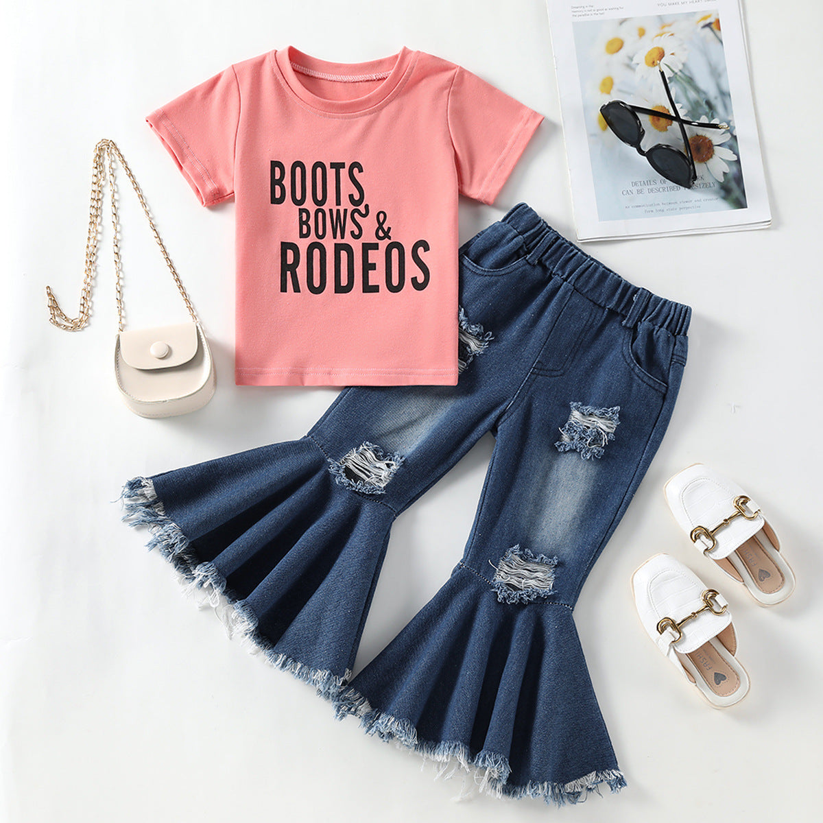 Kid Baby Girl Summer Plain Letter Ripped Flared 3 Pcs Sets